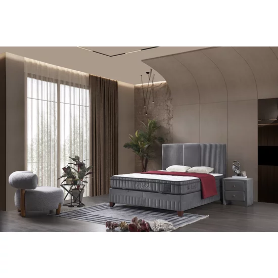 Set Pat Tapițat Bella + Saltea, ladă depozitare, tapițerie catifea premium, structură metal + PAL, 160x200 cm, Gri picture - 2