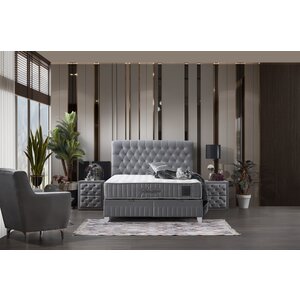 Set pat tapițat Sensitive 160x200 cm gri cu somieră rabatabilă, ladă depozitare și saltea inclusă, înălțime 30 cm