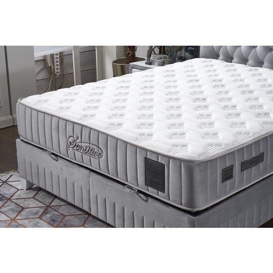 Set pat tapițat Sensitive 160x200 cm gri cu somieră rabatabilă, ladă depozitare și saltea inclusă, înălțime 30 cm picture - 3