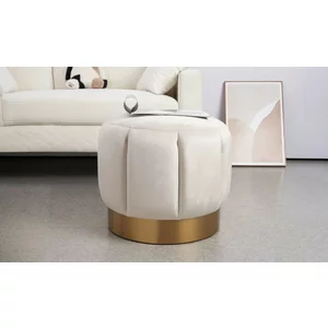 Taburet Pufa, design modern cu bază aurie, tapițerie catifelată, 50x50x46 cm, bej