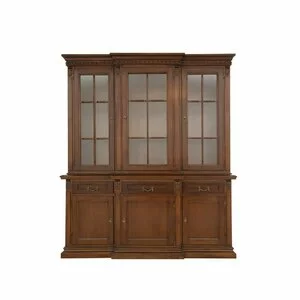 Bufet Vitrină 3 Uși Diana, fronturi cu sticlă, masiv fag + panel + MDF furniruit nuc, 188x58x140 h cm, finisaj la alegere