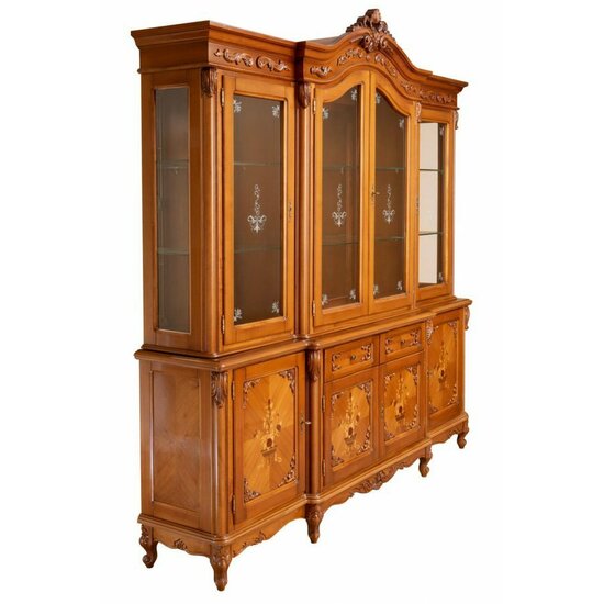 Vitrină 4 uși Principesa, detalii ornamentale sculptate, lemn masiv paltin + MDF furniruit, 224x44x158 cm, nuc picture - 2