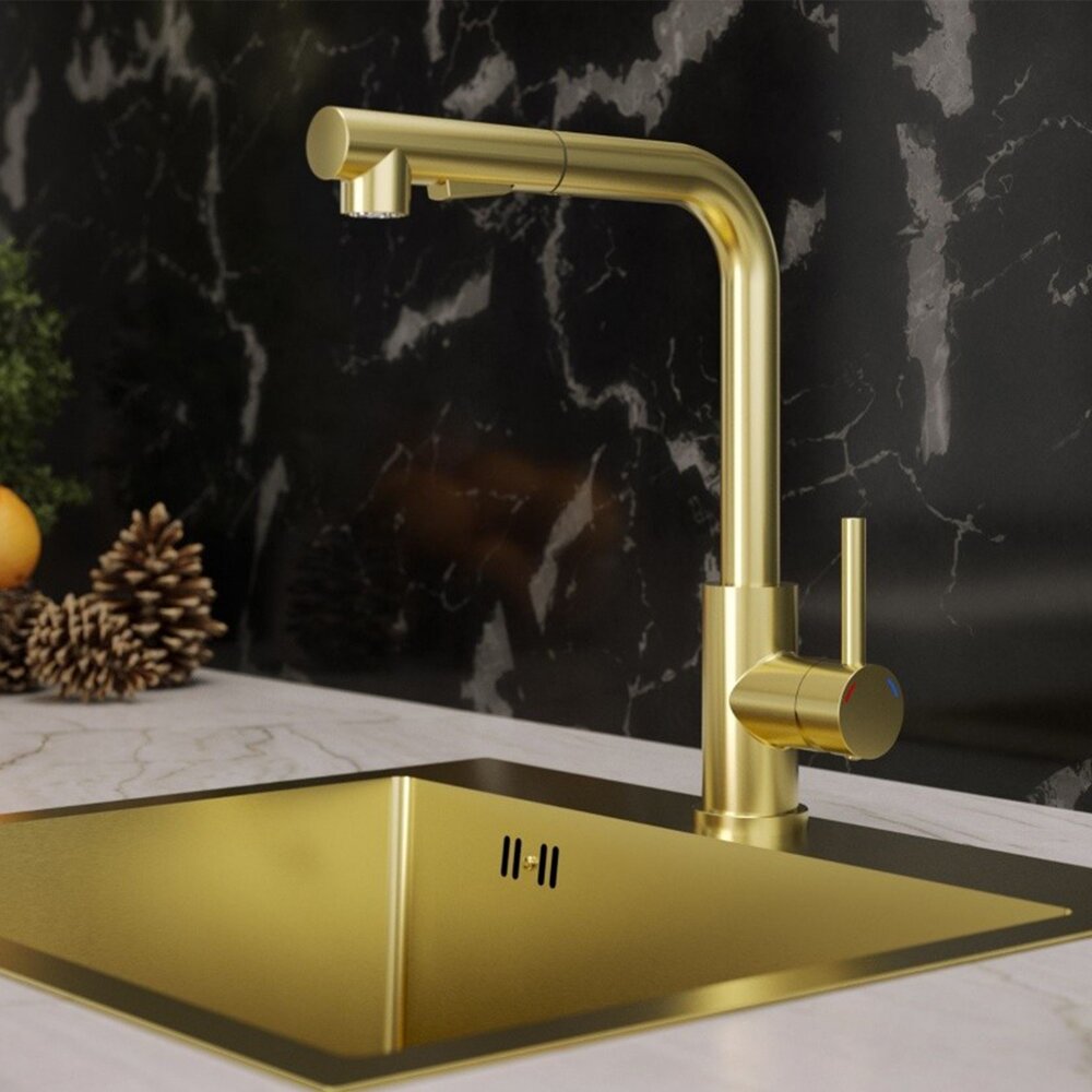 Baterie bucatarie cu dus extractibil Quadron Nicki finisaj Nano PVD auriu satinat
