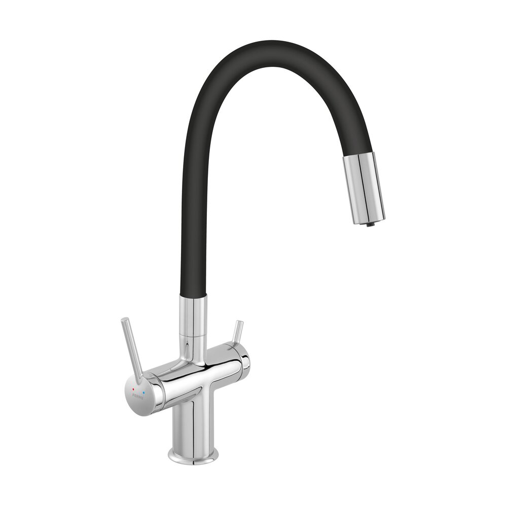 Baterie bucatarie cu pipa flexibila Ferro Filtrata compatibila cu sistem filtrare finisaj crom-negru