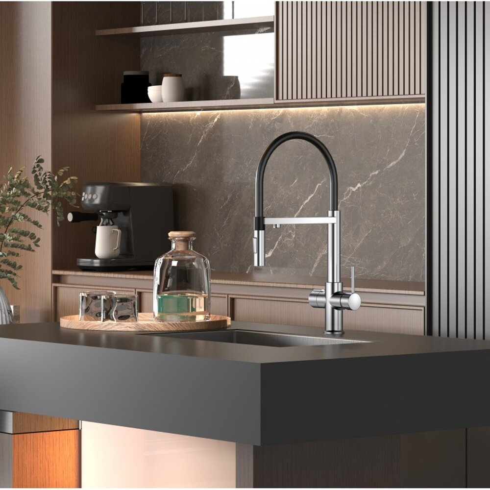 Baterie bucatarie cu pipa flexibila Inter Ceramic Acqua Pura compatibila cu sistem filtrare apa crom-negru