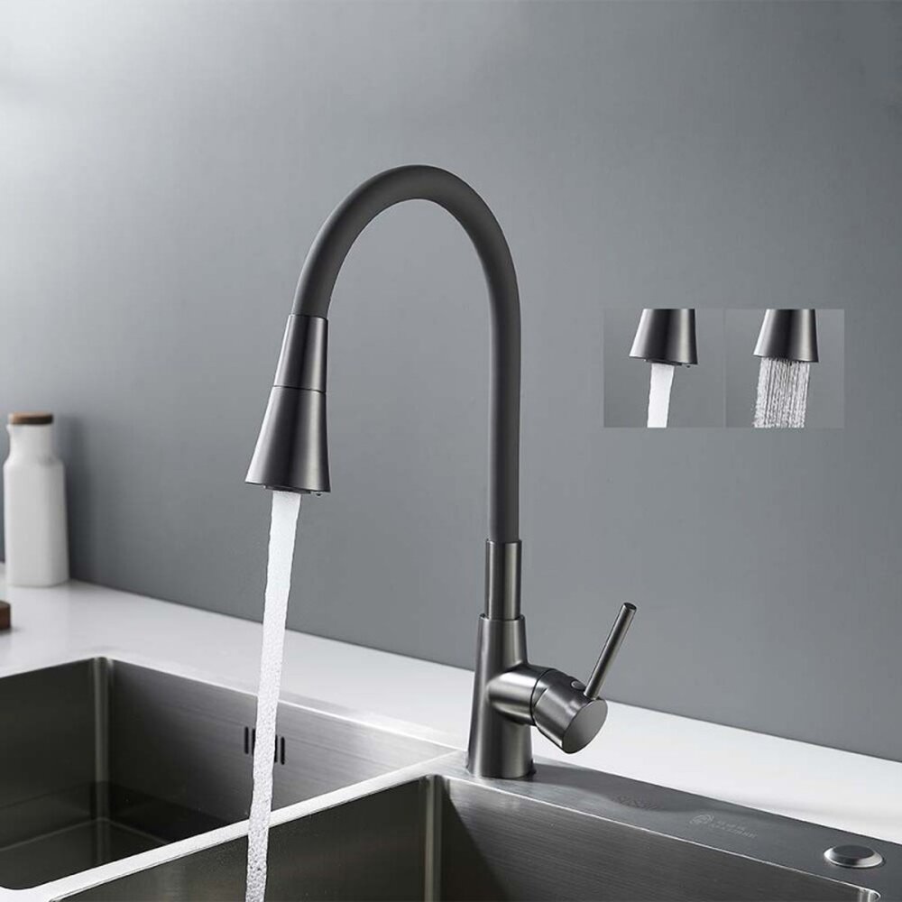 Baterie bucatarie cu pipa flexibila Inter Ceramic finisaj Gun Grey cu 2 functii