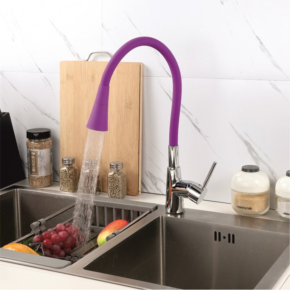Baterie bucatarie cu pipa flexibila Inter Ceramic Havana finisaj crom lucios-mov mat cu 2 functii