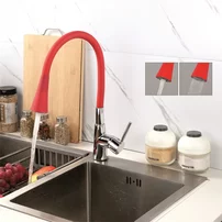 Baterie bucatarie cu pipa flexibila Inter Ceramic Havana finisaj crom lucios-rosu mat cu 2 functii