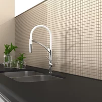 Baterie bucatarie cu pipa flexibila Rubineta Ultima finisaj crom lucios-alb mat