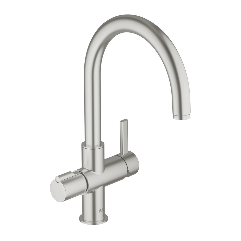 Baterie bucatarie Grohe Red Duo crom periat Supersteel monocomanda pipa curbata