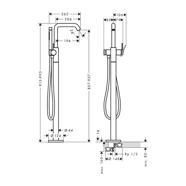 Baterie cada-dus freestanding Hansgrohe Tecturis S fara corp ingropat bronz periat picture - 2
