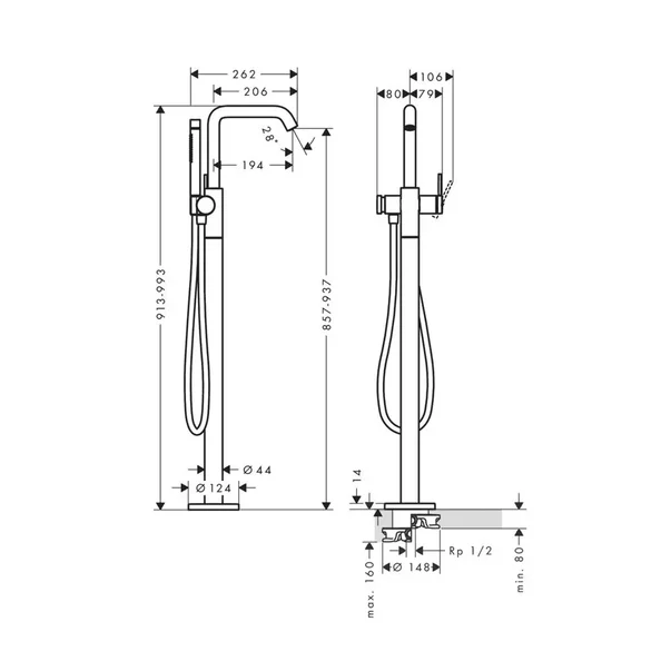 Baterie cada-dus freestanding Hansgrohe Tecturis S finisaj crom lucios fara corp ingropat picture - 3