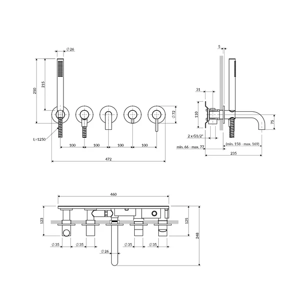 Baterie cada-dus incastrata Omnires Y finisaj nichel periat 5 elemente cu corp ingropat pipa 17 cm picture - 2