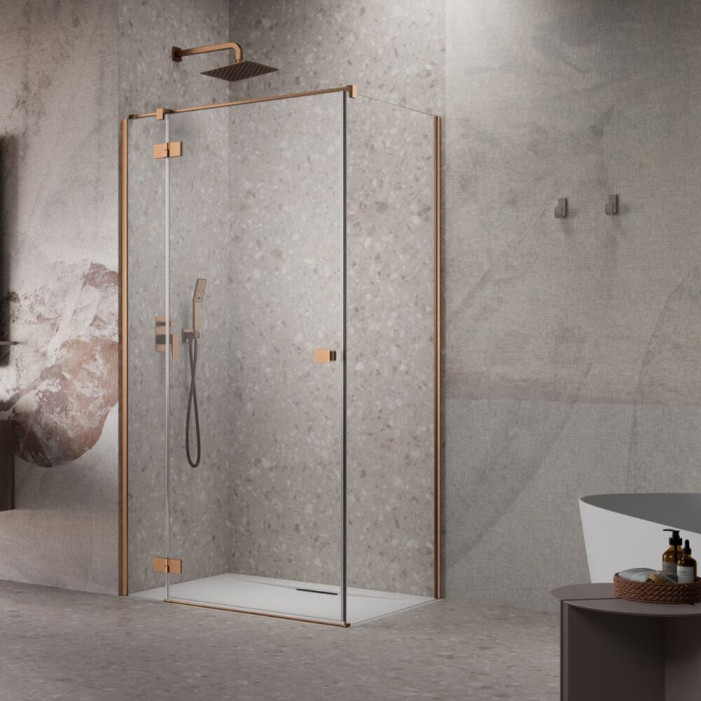 Cabina de dus dreptunghiulara cu usa batanta Radaway Essenza KDJ 100x120 cm finisaj cupru periat-transparent stanga