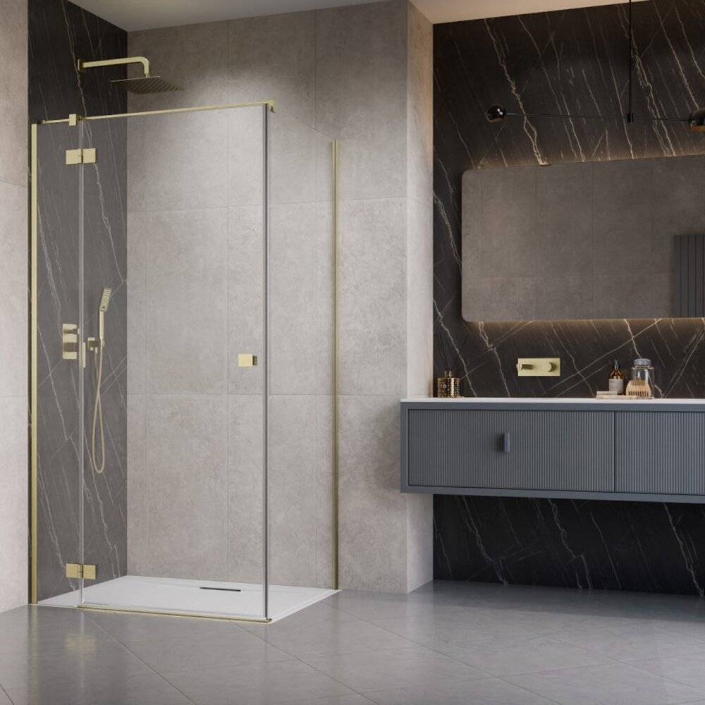 Cabina de dus dreptunghiulara cu usa batanta Radaway Essenza KDJ 80x75 cm finisaj auriu periat-transparent stanga