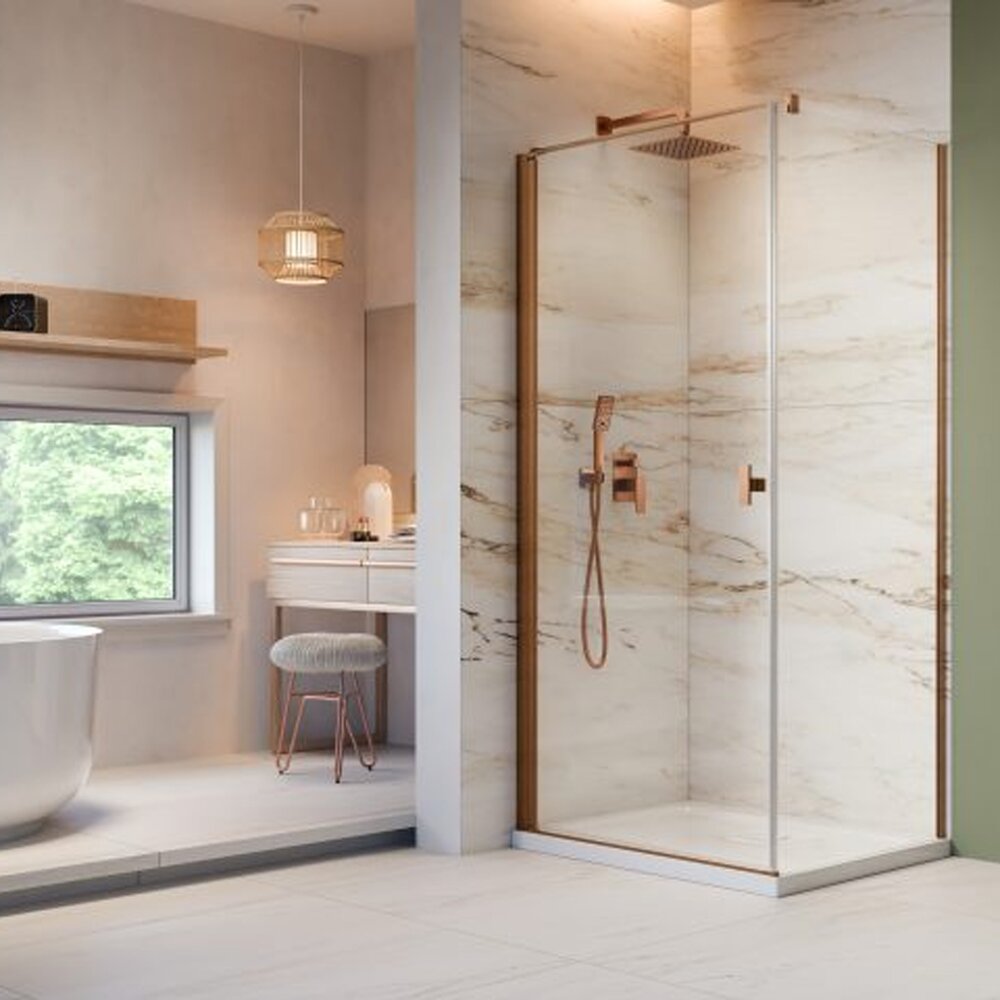 Cabina de dus dreptunghiulara cu usa batanta Radaway Nes KDJ I 100x75 cm finisaj cupru periat-transparent stanga