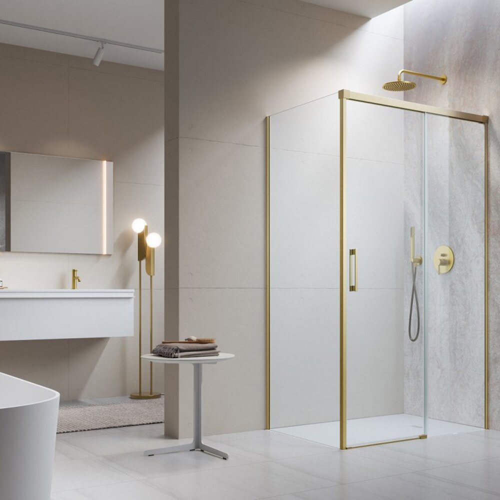 Cabina de dus dreptunghiulara cu usa glisanta Radaway Idea KDJ 150x90 cm finisaj auriu periat-transparent dreapta