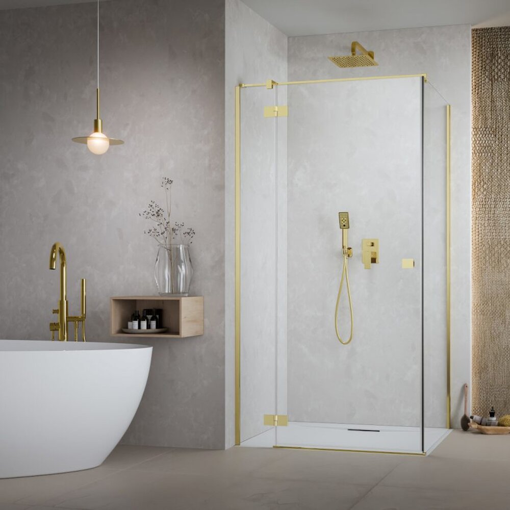 Cabina de dus patrata cu usa batanta Radaway Essenza KDJ 100x100 cm auriu-transparent stanga