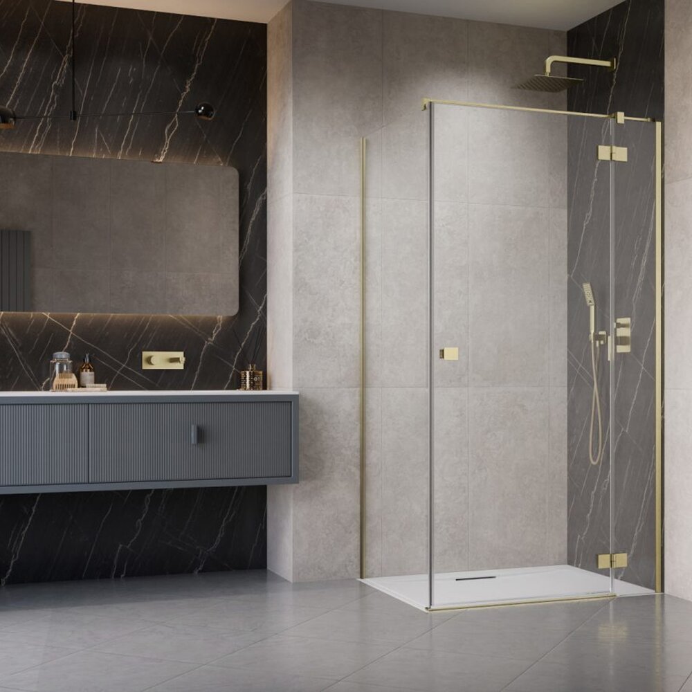 Cabina de dus patrata cu usa batanta Radaway Essenza KDJ 120x120 cm finisaj auriu periat-transparent dreapta