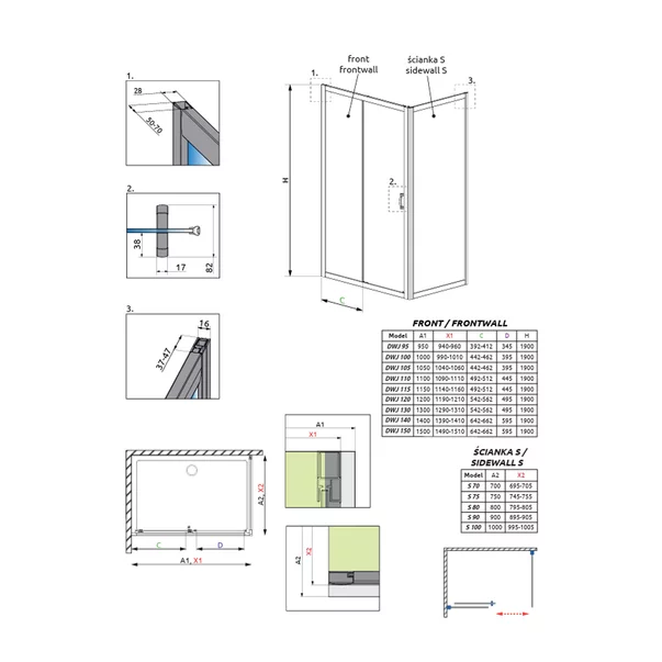 Cabina de dus patrata cu usa culisanta Radaway Premium Plus DWJ+S 100x100 cm finisaj crom lucios-transparent picture - 11