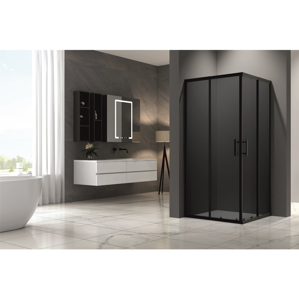 Cabina de dus patrata Inter Ceramic cu usa glisanta 100x100 cm negru mat - fumuriu