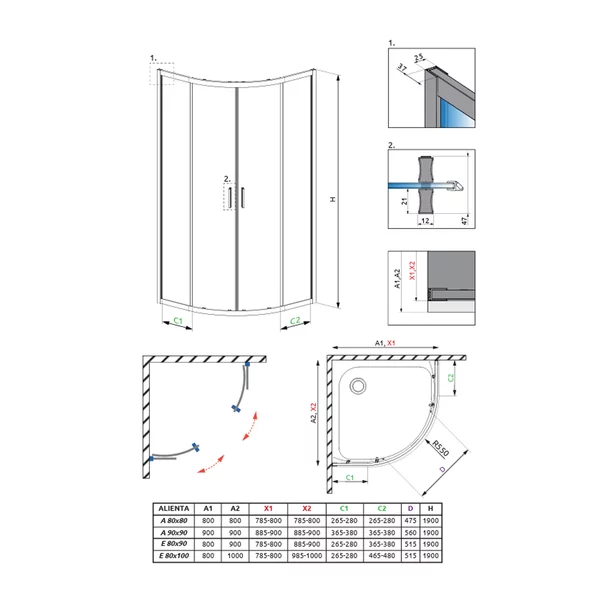 Cabina de dus semirotunda cu usi glisante Radaway Alienta 80x80 cm crom-transparent picture - 8