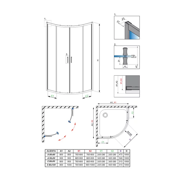 Cabina de dus semirotunda cu usi glisante Radaway Alienta 90x90 cm negru-transparent picture - 8