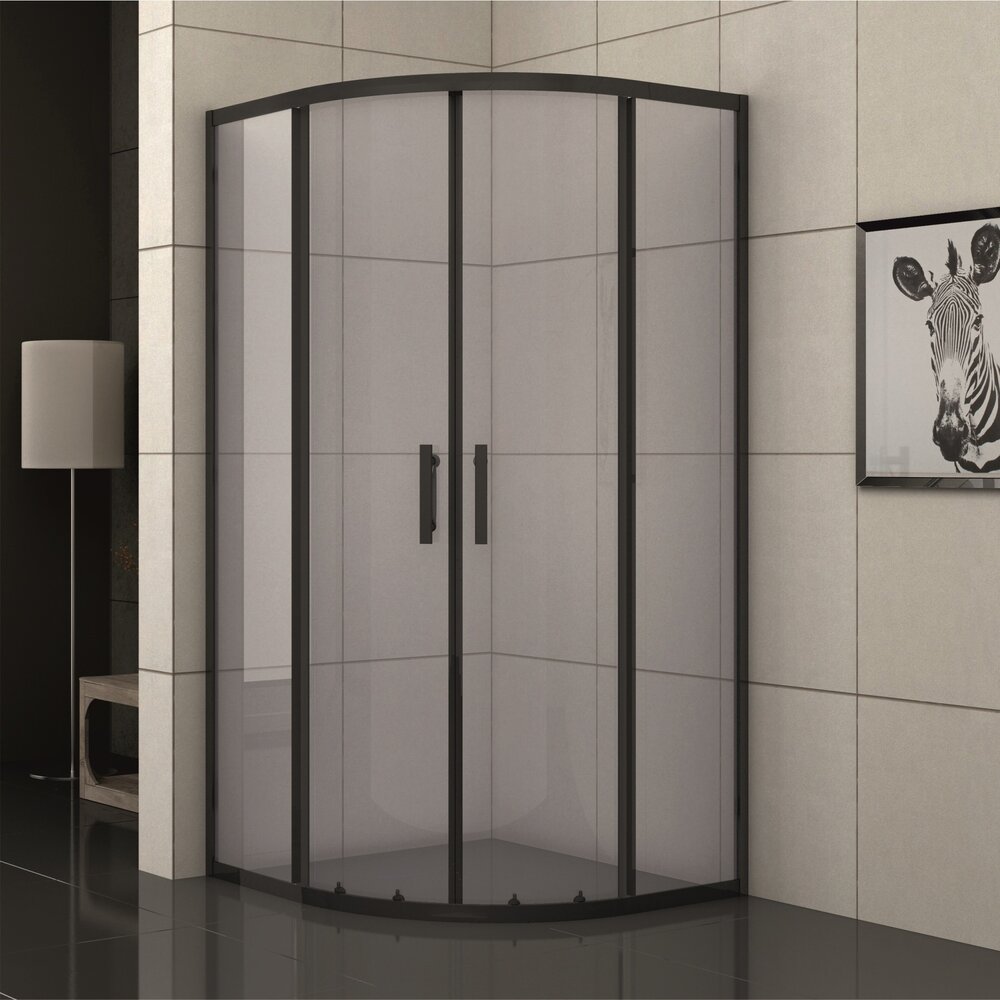 Cabina de dus semirotunda Inter Ceramic cu usi glisante 80x80 cm negru mat - transparent fumuriu