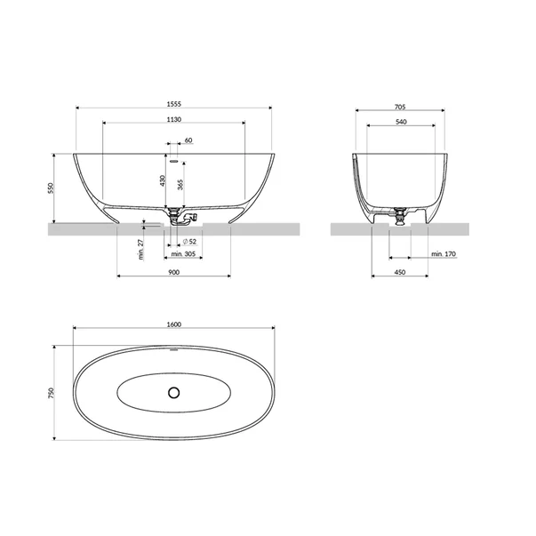 Cada freestanding compozit Omnires Shell M+ finisaj alb lucios 160x75 cm picture - 4