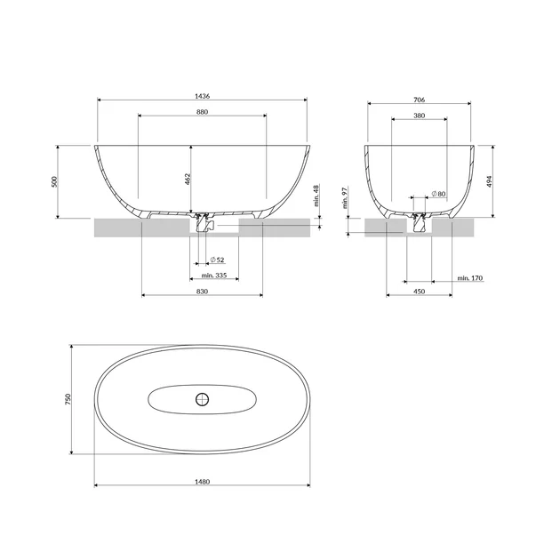 Cada freestanding compozit Omnires Shell M+ finisaj alb mat 148x75 cm picture - 4