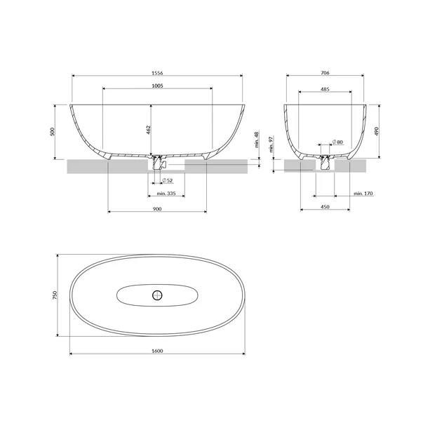 Cada freestanding compozit Omnires Shell M+ finisaj gri mat cenusa 160x75 cm picture - 3