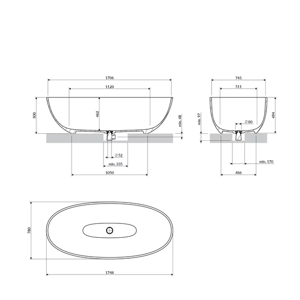 Cada freestanding compozit Omnires Shell M+ finisaj negru mat lava 175x78 cm picture - 4