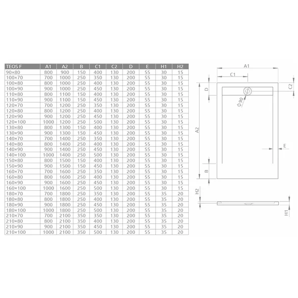 Cadita dus compozit dreptunghiulara Radaway Teos F 140x70 cm negru
