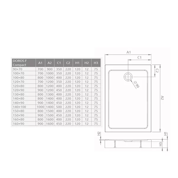Cadita dus dreptunghiulara Radaway Doros F Compact Stone 100x80 cm acril antracit picture - 3