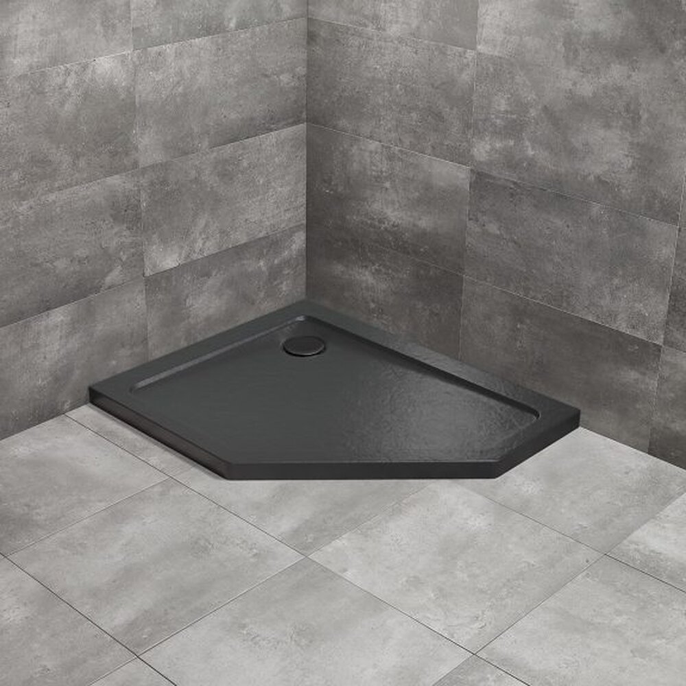 Cadita dus pentagonala Radaway Doros PT E Stone 90x80 cm acril negru stanga