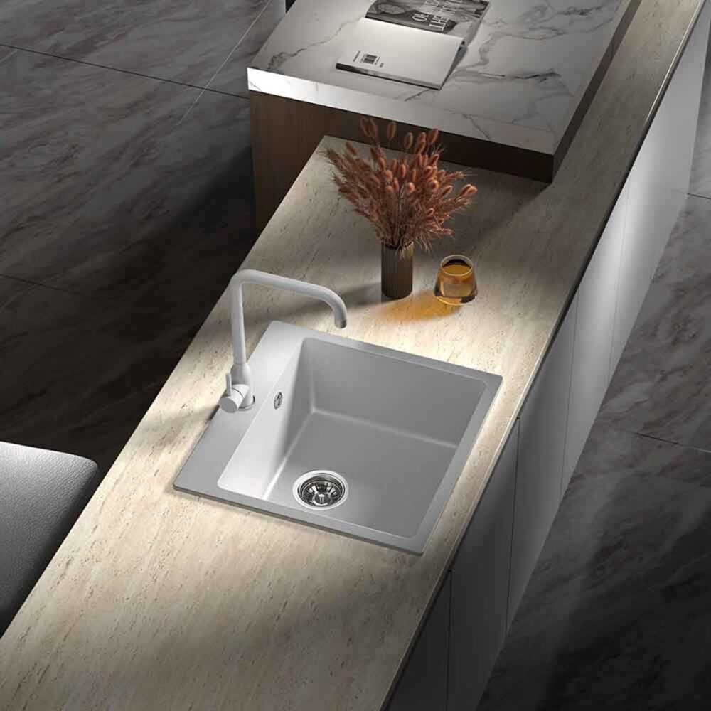 Chiuveta compozit Inter Ceramic finisaj granit alb 50×50 cm cu orificiu baterie Bucatarie > Promoții > Noutati Inter Ceramic