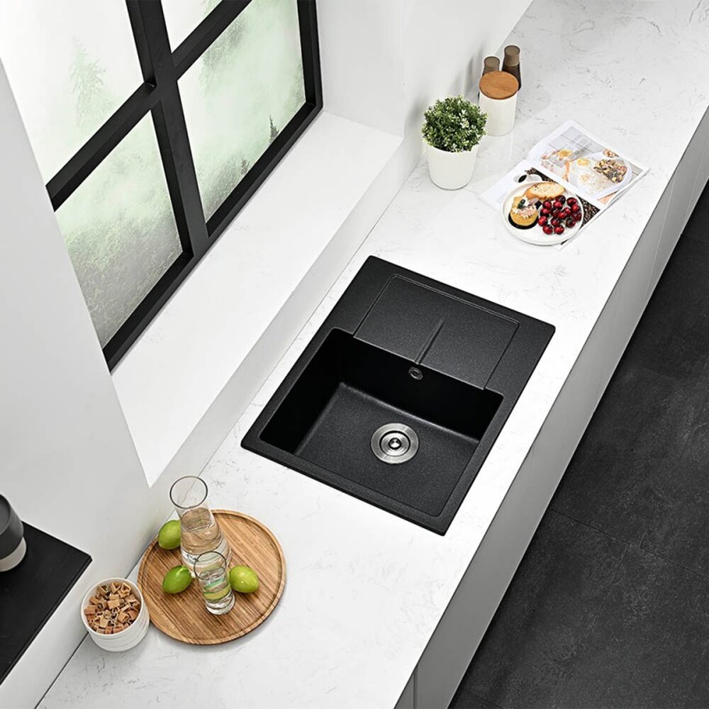 Chiuveta compozit Inter Ceramic finisaj granit negru 62x50 cm cu picurator