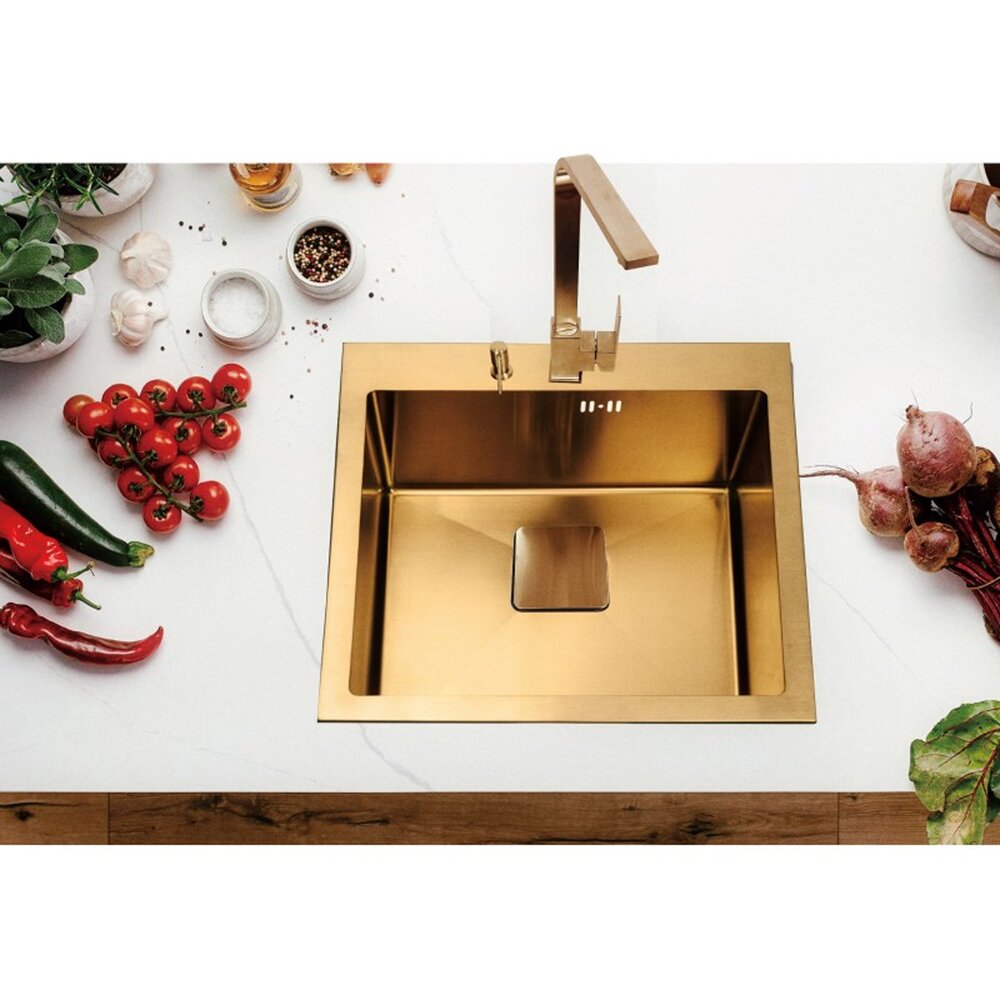 Chiuveta inox Inter Ceramic cu o cuva fara picurator finisaj auriu satinat 50×42 cm Bucatarie > Promoții > Noutati Inter Ceramic