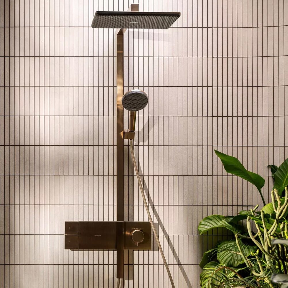 Coloana de dus cu baterie termostatata Hansgrohe Raindance Alive Q para cu 3 functii finisaj bronz periat