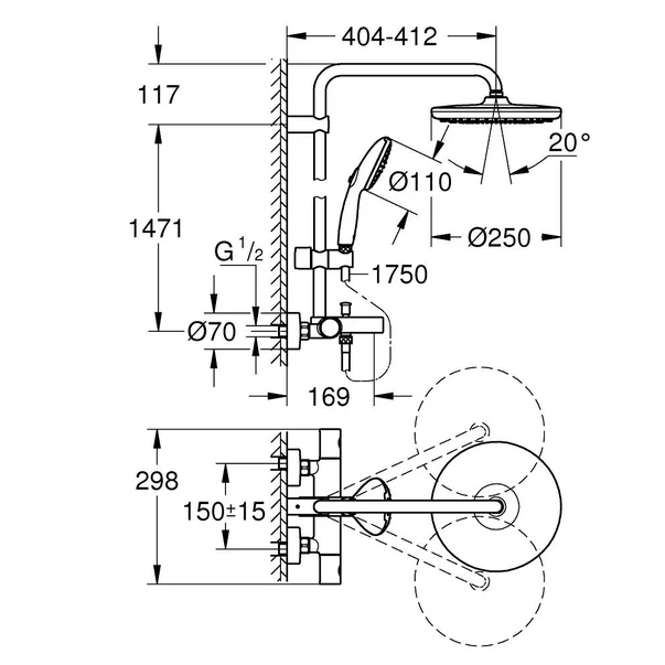 Coloana de dus cu baterie termostatata si pipa cada Grohe Tempesta Cosmopolitan 250 picture - 2