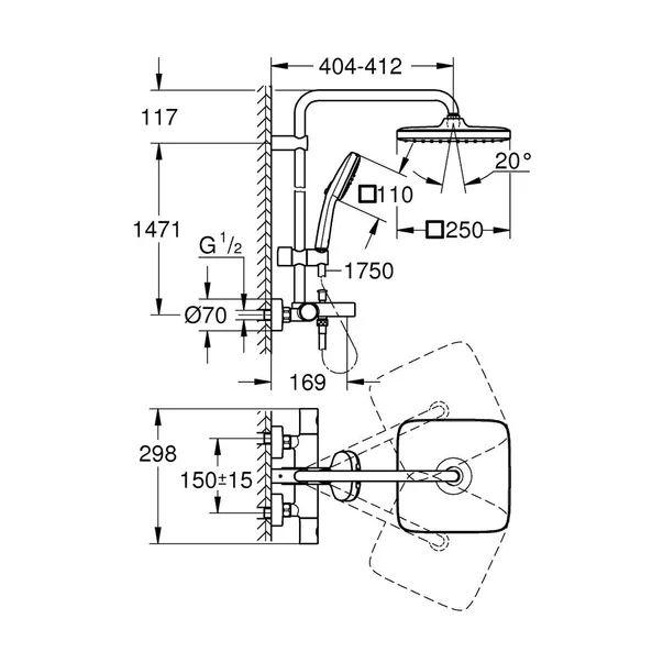 Coloana de dus cu termostat Grohe Tempesta 250 Cube finisaj crom lucios picture - 5