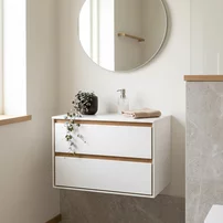 Dulap baza suspendat Rune Dagaz 2 sertare 79 cm alb-lemn lucios