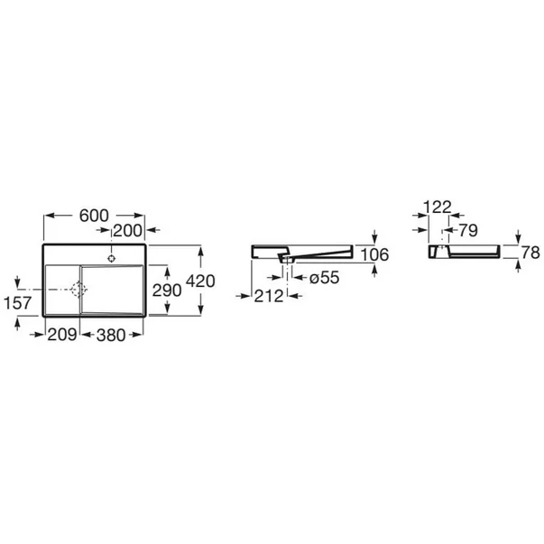Lavoar pe blat negru mat Roca Horizon 60x42 cm picture - 2
