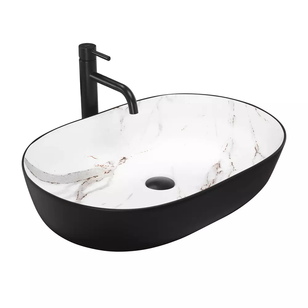 Lavoar pe blat Rea Cleo Aiax oval finisaj alb piatra - negru mat