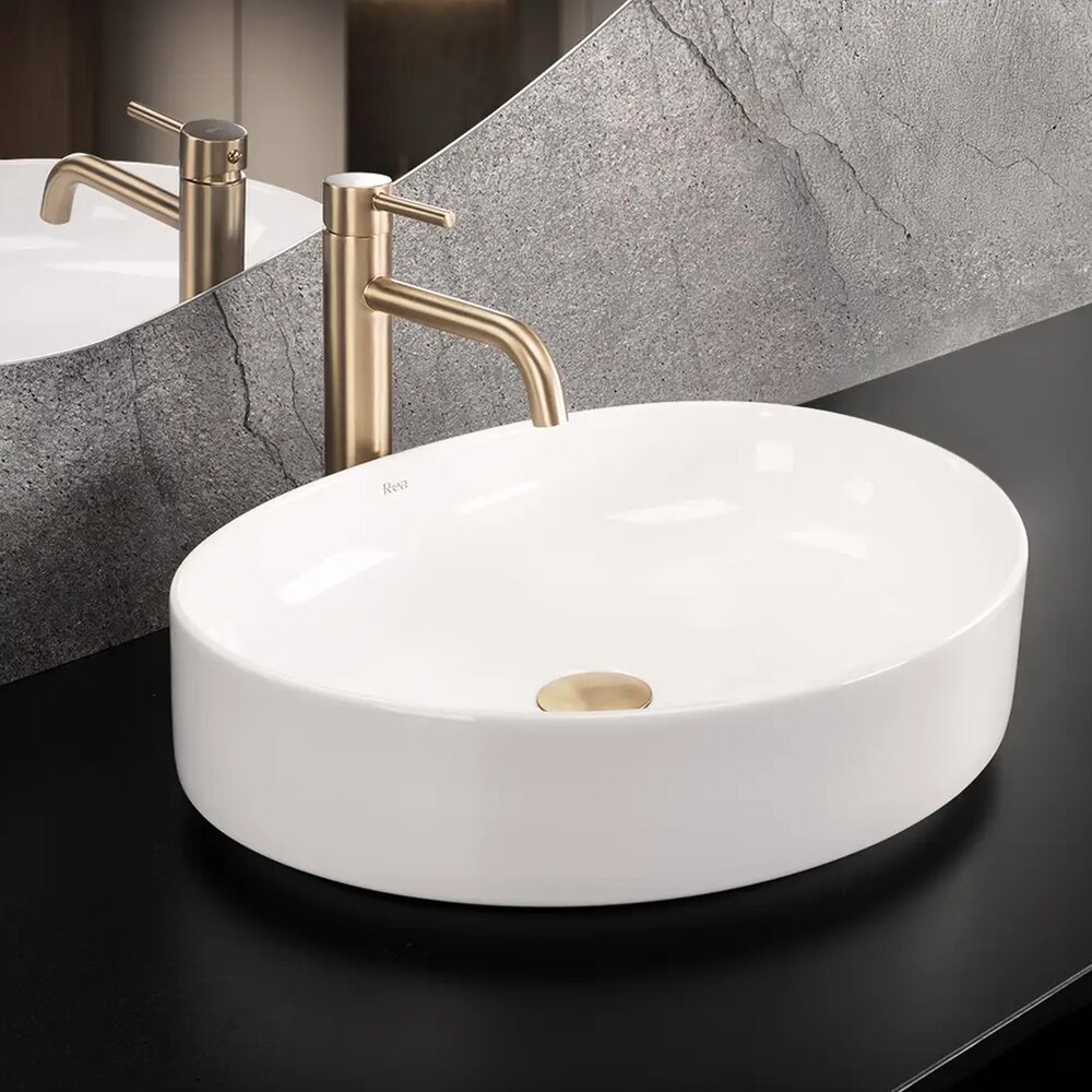 Lavoar pe blat Rea Joana oval 50 cm alb lucios