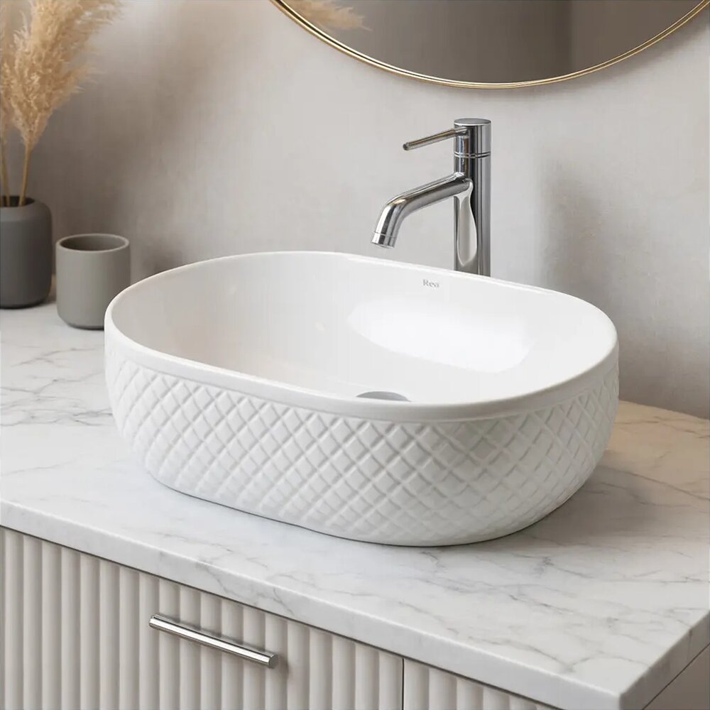 Lavoar pe blat Rea Oktawia oval 49 cm alb lucios