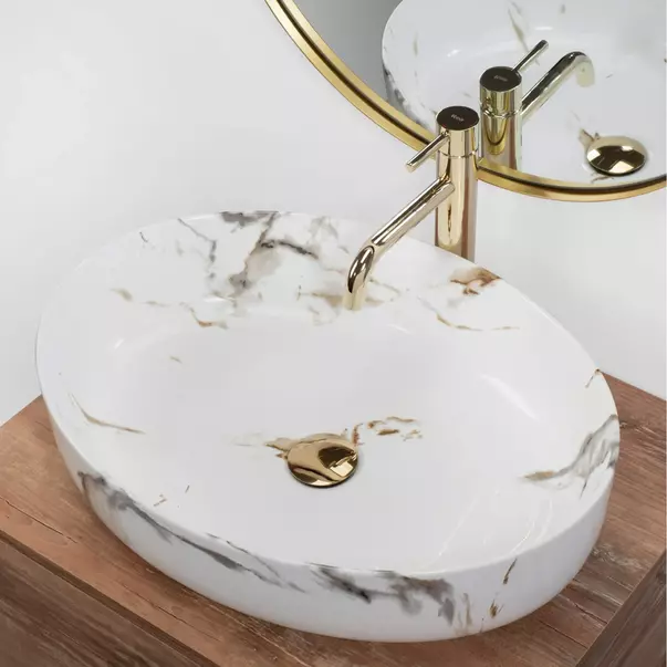 Lavoar pe blat Rea Queen Carrara oval finisaj alb marmura lucios 55 cm picture - 3