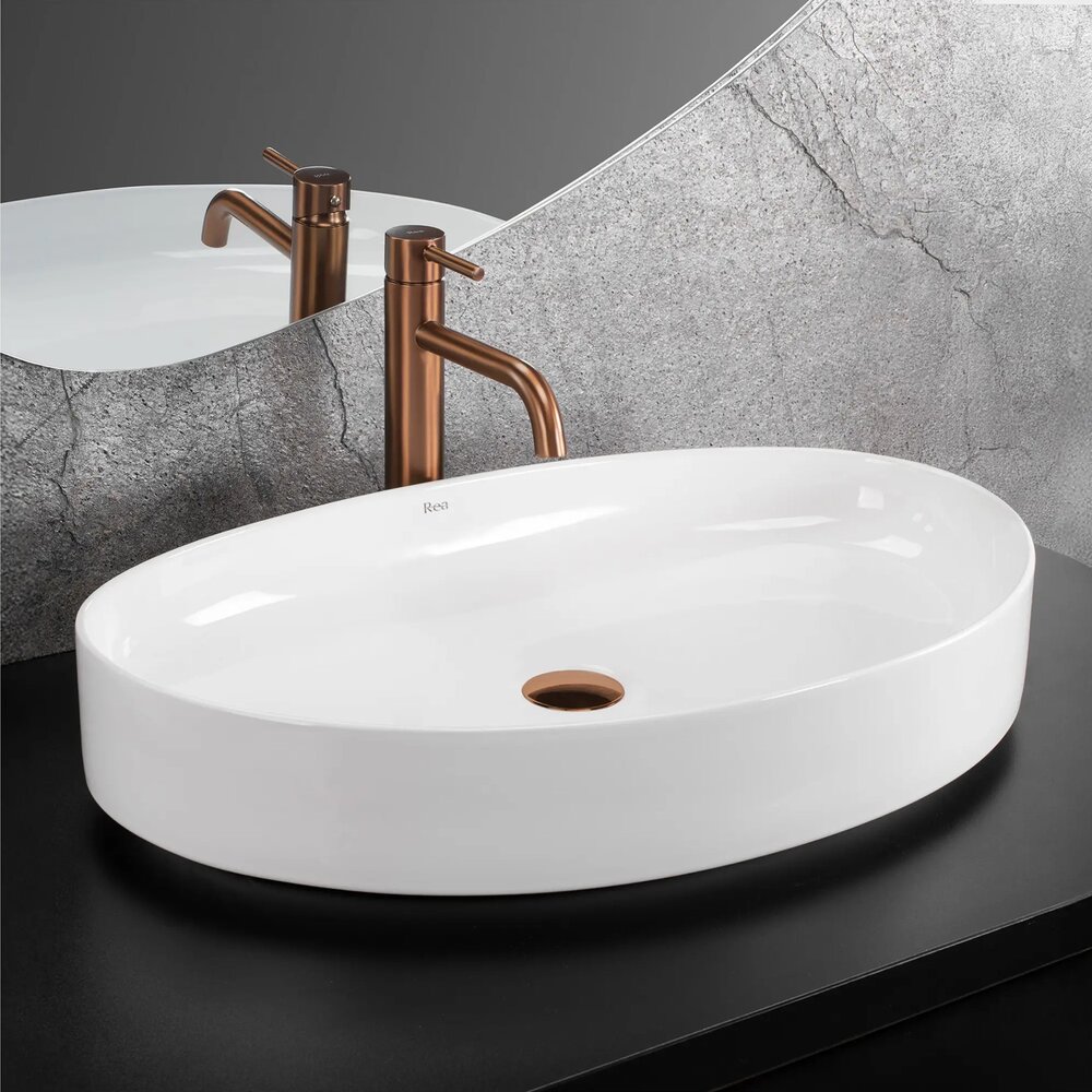 Lavoar pe blat Rea Sabina oval 65.5 cm alb lucios