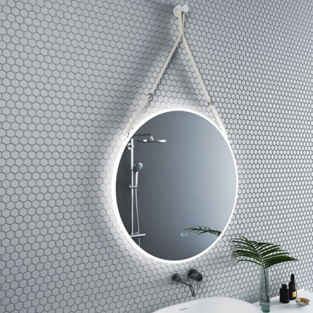 Oglinda cu iluminare si dezaburire Inter Ceramic forma rotunda 80 cm curea alba