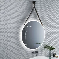 Oglinda cu iluminare si dezaburire Inter Ceramic forma rotunda 80 cm curea maro